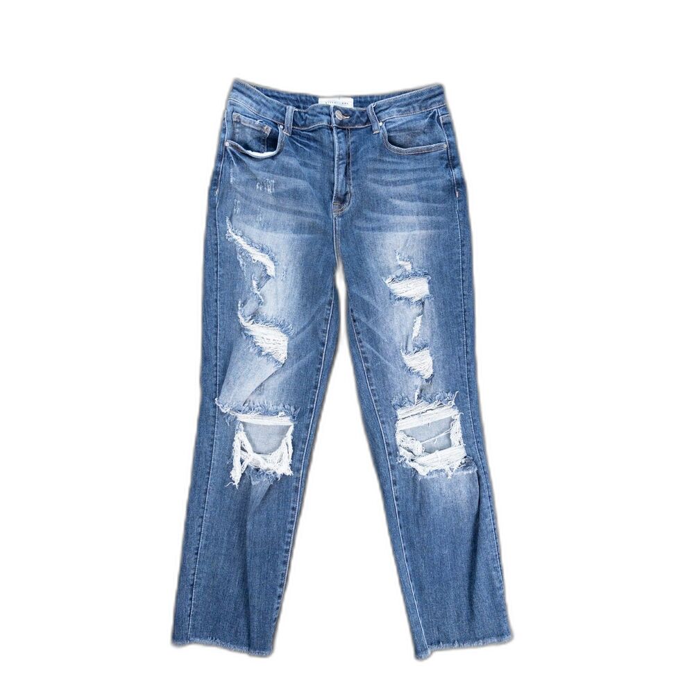 Risen Jeans High Rise Distressed Straight Leg Womens Size 13/31 Medium Wash